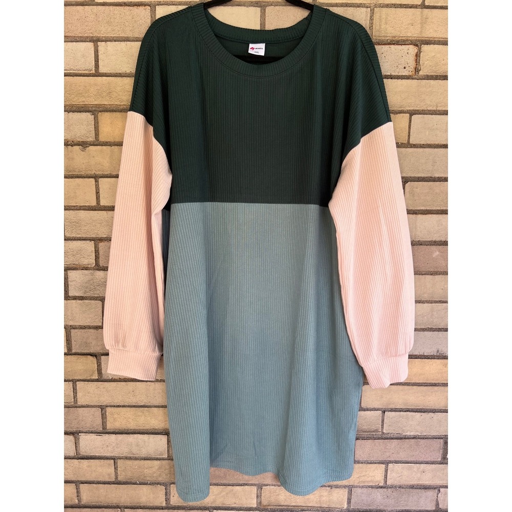 Colorblock Ribbed Sweatshirt Dress Green Tan Balloon Sleeve Wiholl Size XXL